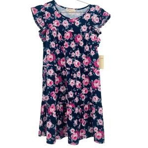 BeBop Navy Blue and Pink Floral Short Sleeve Ruffle Tiered Dress